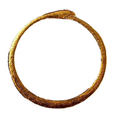 Close-up of a gold ring with a partially damaged band, showing a rough, textured interior.