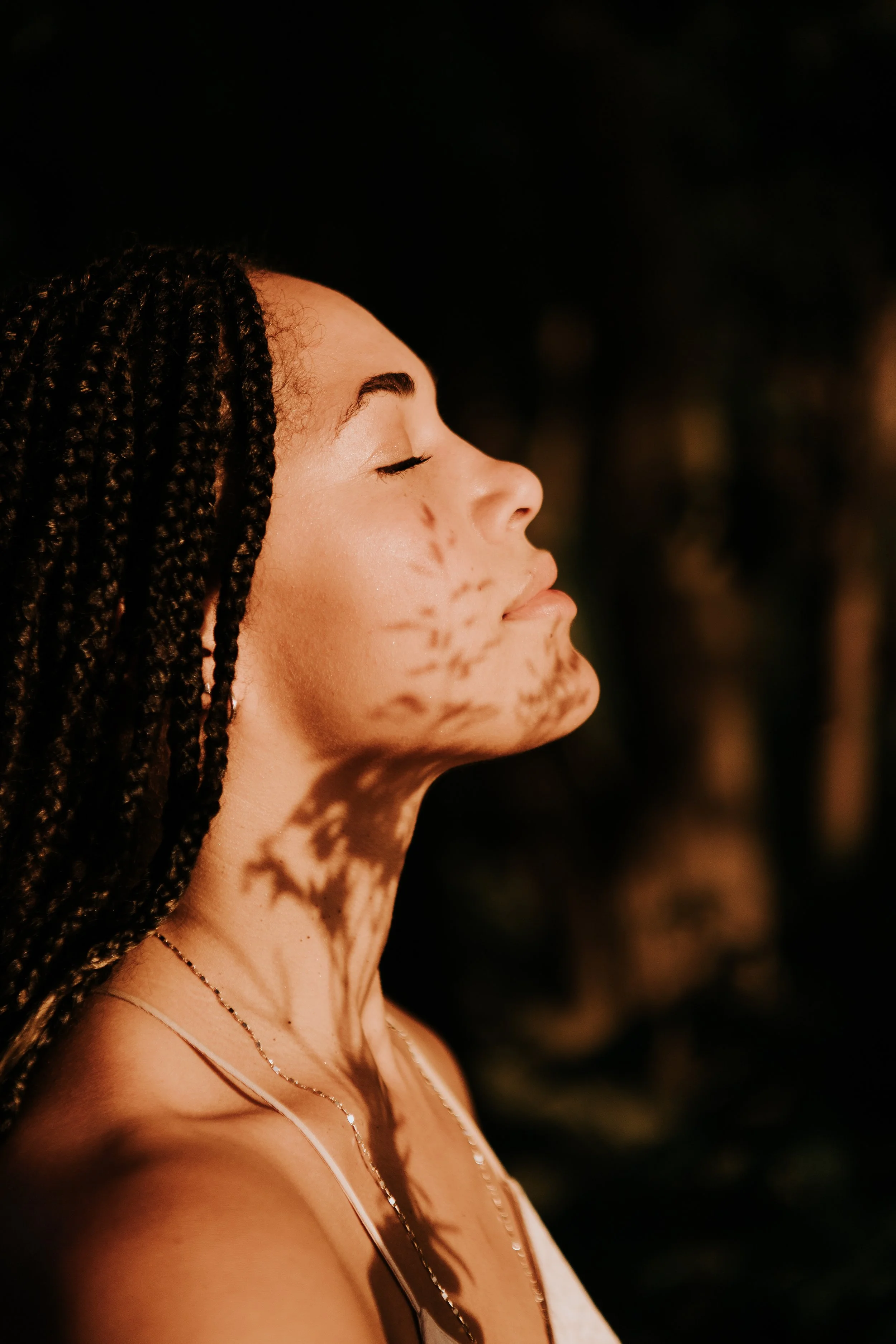 Side profile of Gabriela Nova with braided hair, closed eyes, and a serene expression, with shadows cast on her face and neck from an intricate pattern, against a dark background.