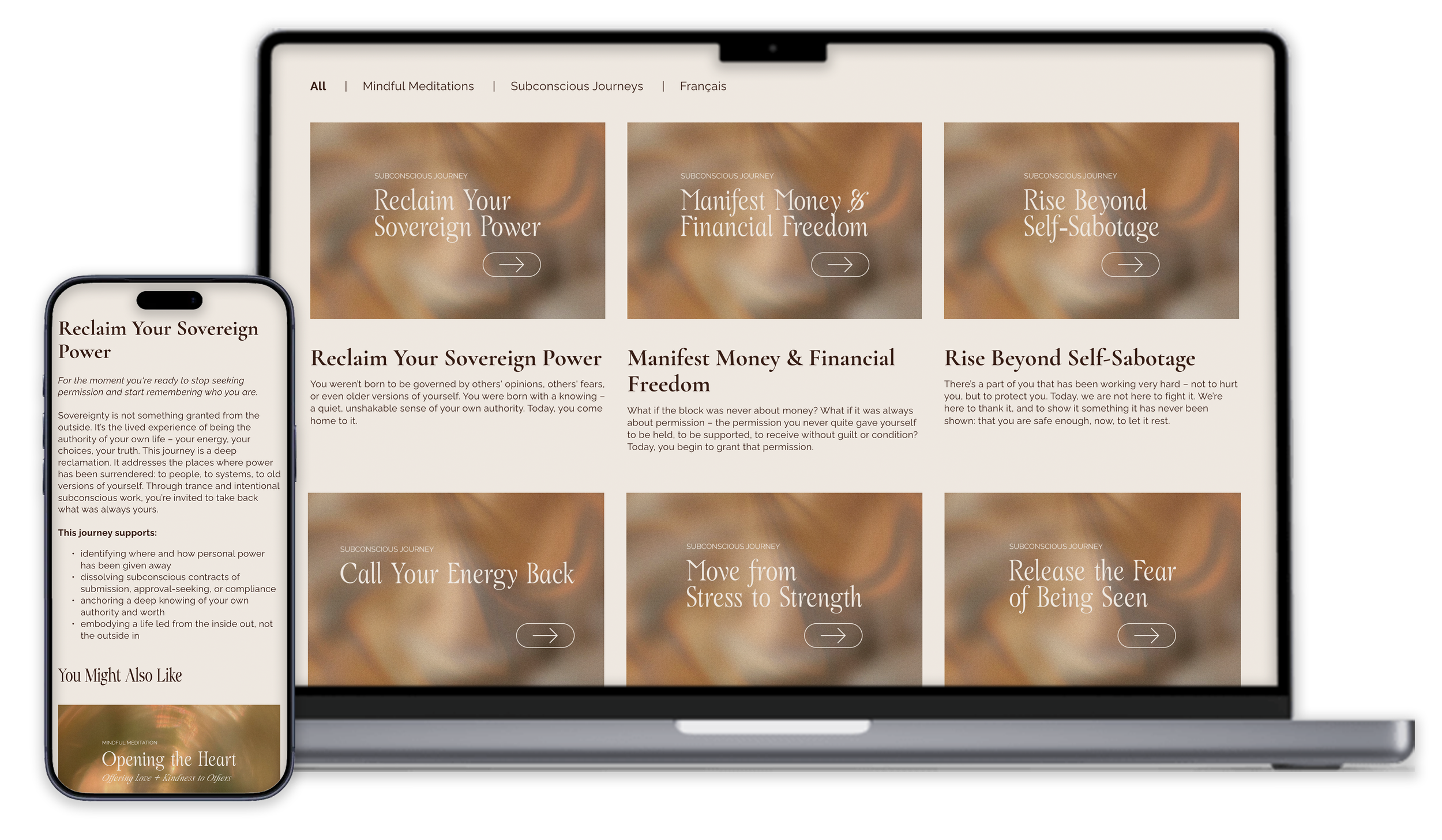 A laptop and smartphone displaying a meditation website with titles such as "Reclaim Your Sovereign Power," "Manifest Money & Financial Freedom," and "Rise Beyond Self-Sabotage," featuring a warm, abstract background.