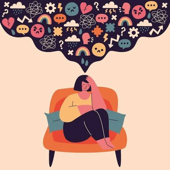 A woman sitting on a couch with her hand on her head, surrounded by a cloud of icons representing emotions, questions, and abstract thoughts.