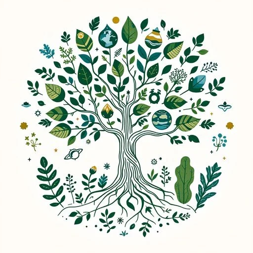 A stylized illustration of a tree with green leaves and branches, surrounded by various small plants, flowers, and celestial symbols, representing nature and environmental themes.