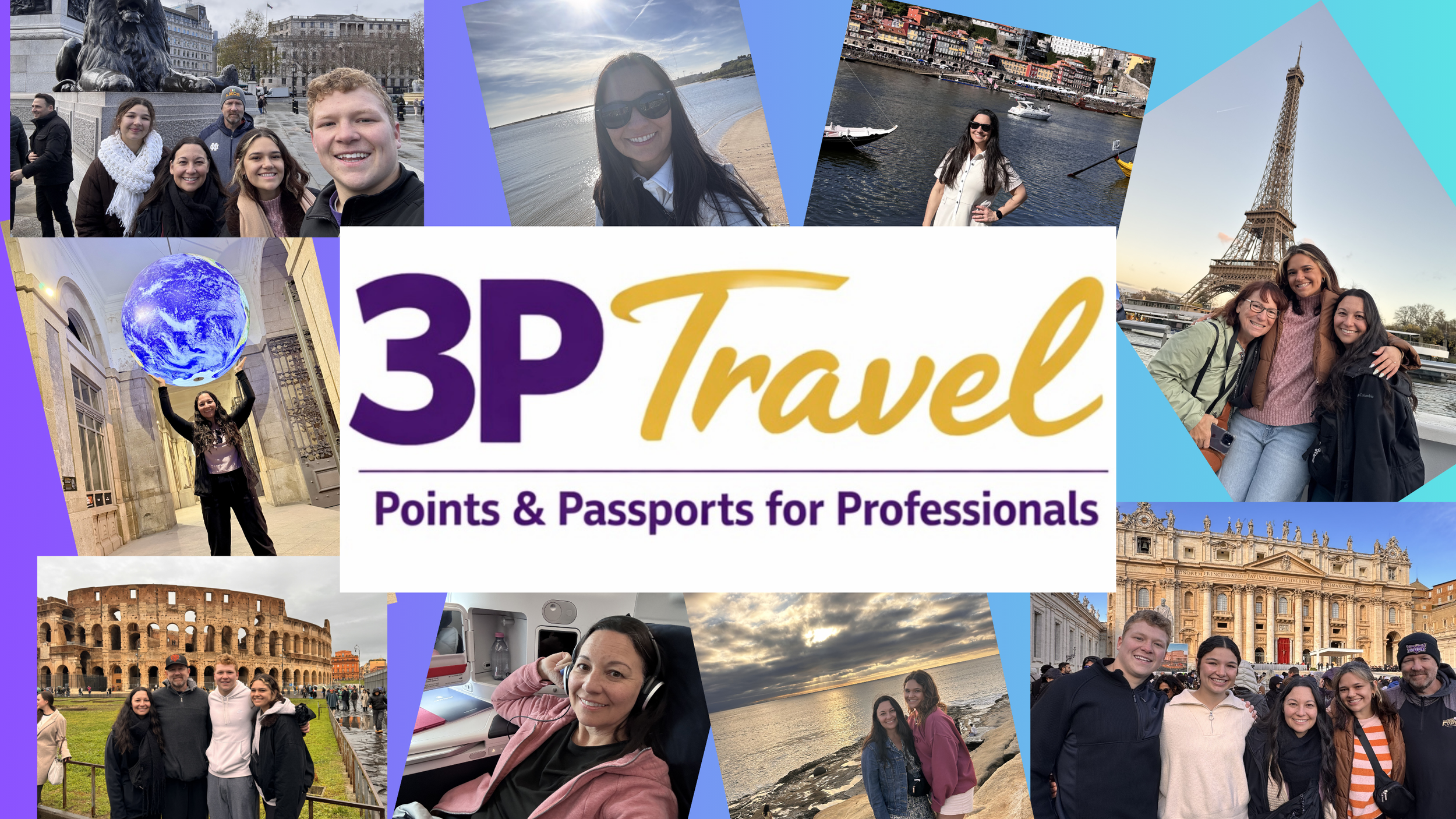 Collage of travelers in various locations including Paris, Italy, and other scenic spots, with the central logo of 3P Travel and slogan 'Points & Passports for Professionals'.