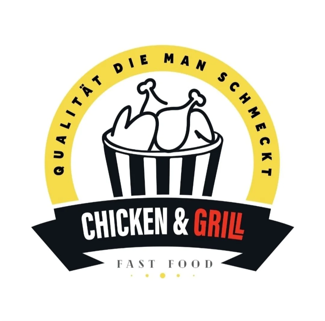 Logo von einem Fast-Food-Restaurant mit einem Hähnchen im Korb und dem Text 'Qualität die man schmeckt, Chicken & Grill'.