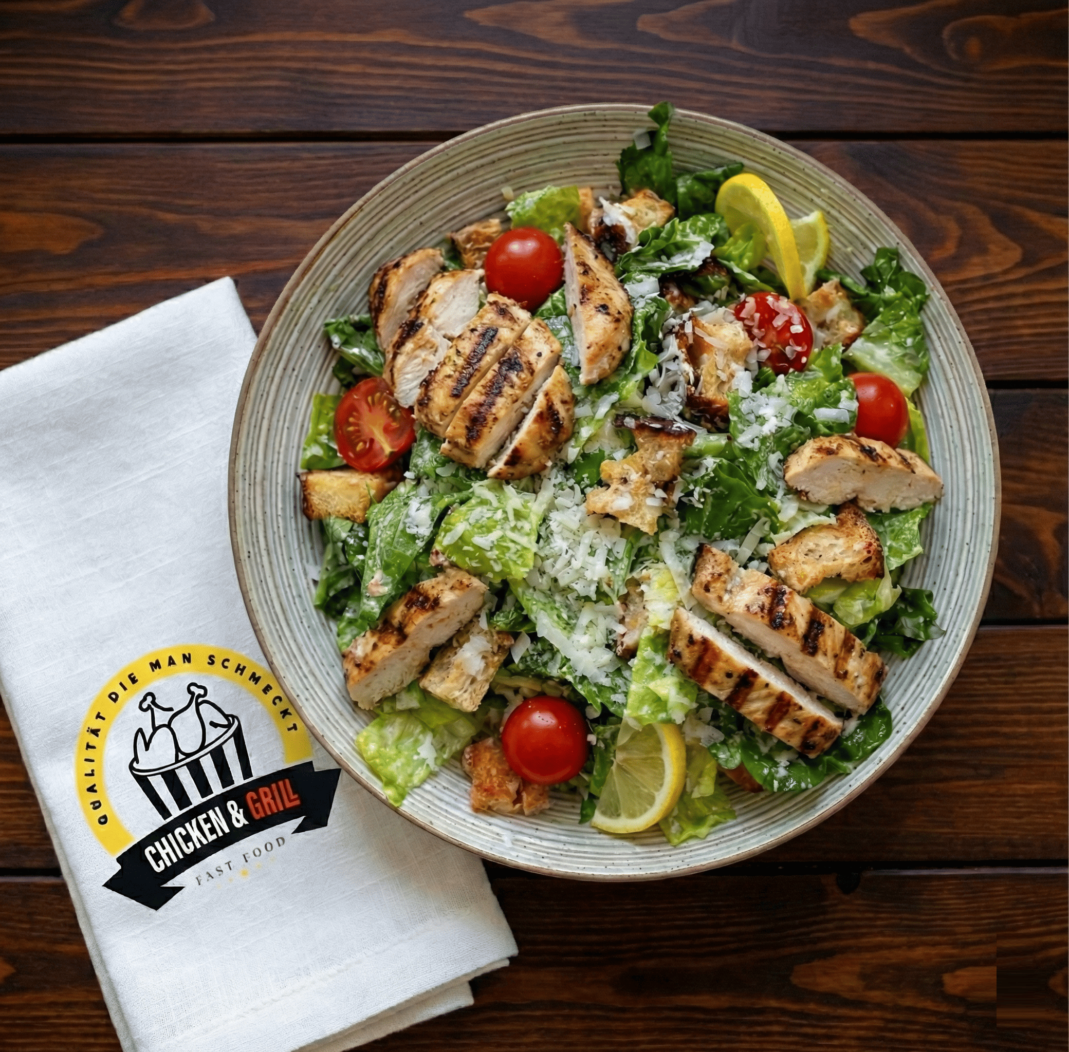 Frischer Caesar Salat mit knusprigem Hähnchen bei Chicken & Grill