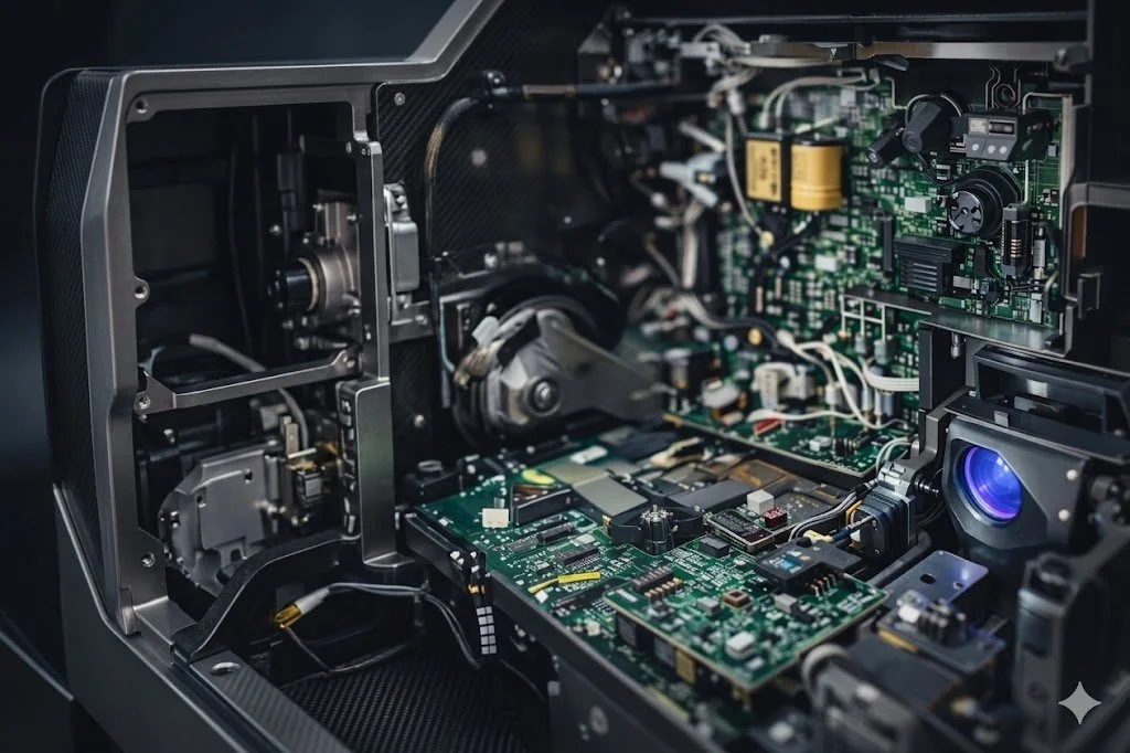 Interior of an electronic device showing a green circuit board with various electronic components and wiring.