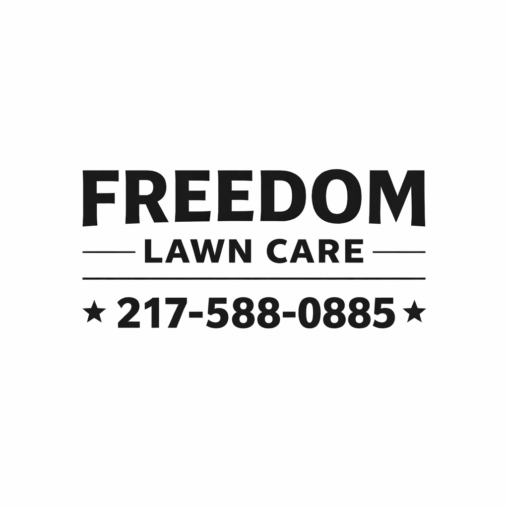 Logo for Freedom Lawn Care, featuring the company name, phone number, and decorative stars.