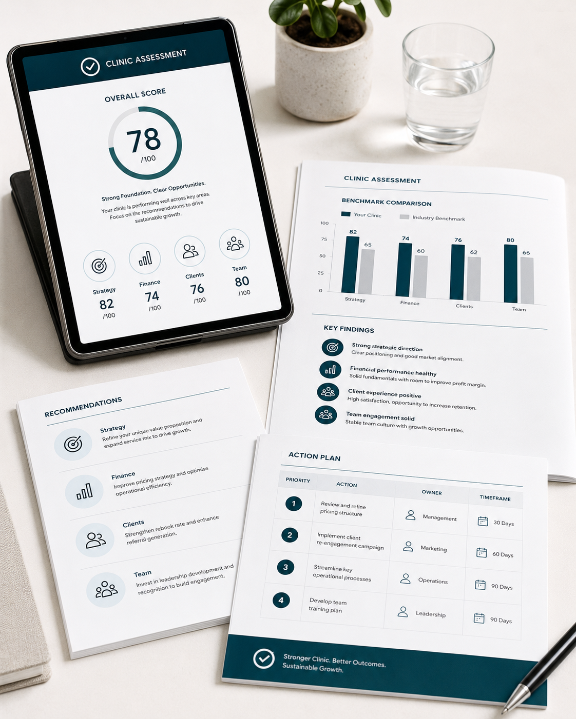 Tablet displaying a clinic assessment report with scores, a clip of a paper with a bar chart, and various assessment documents on a white desk.