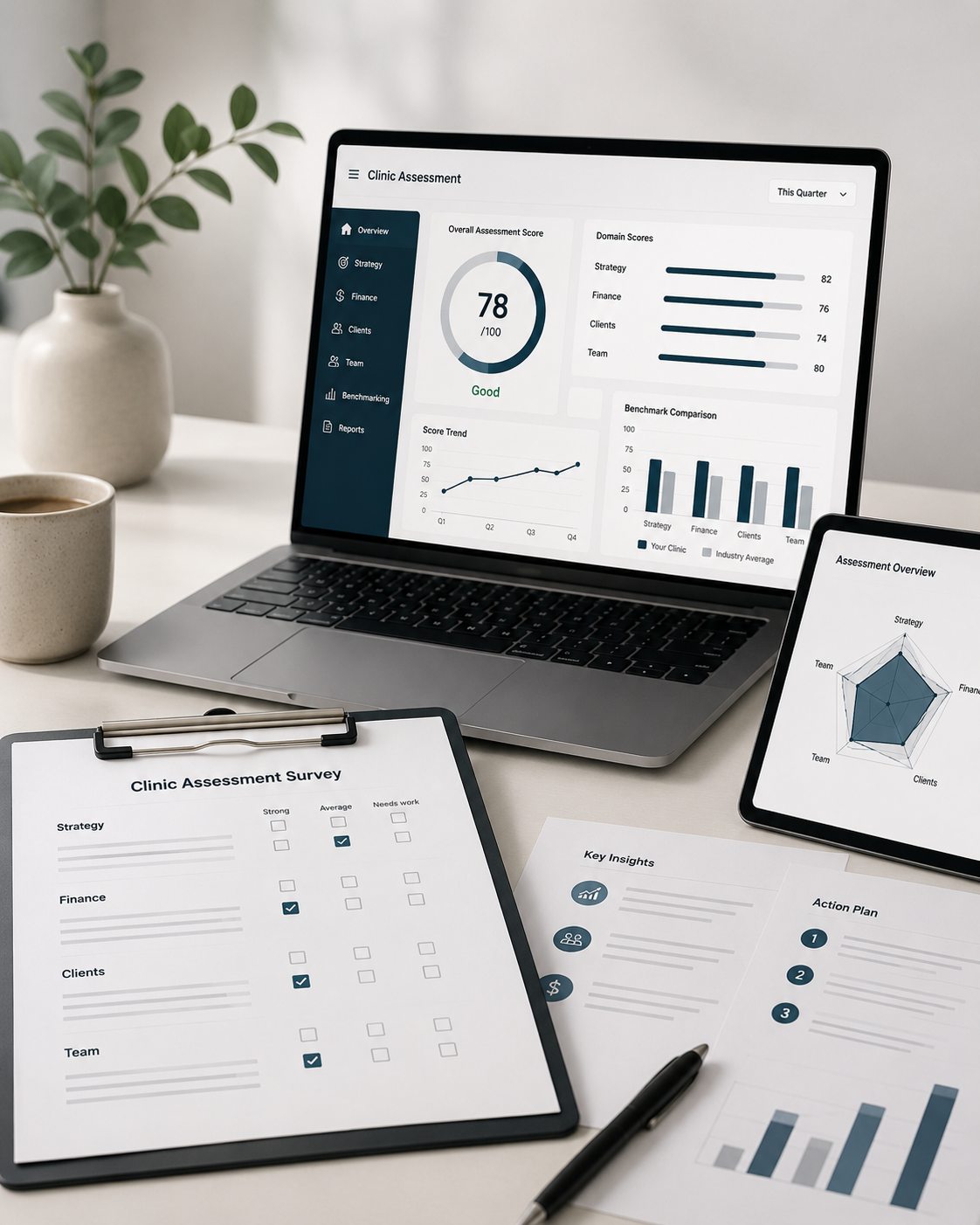 Laptop displaying a clinic assessment dashboard with scores and graphs; clipboard with survey form and key insights notes; tablet with assessment overview and radar chart; coffee cups and potted plant on the desk.