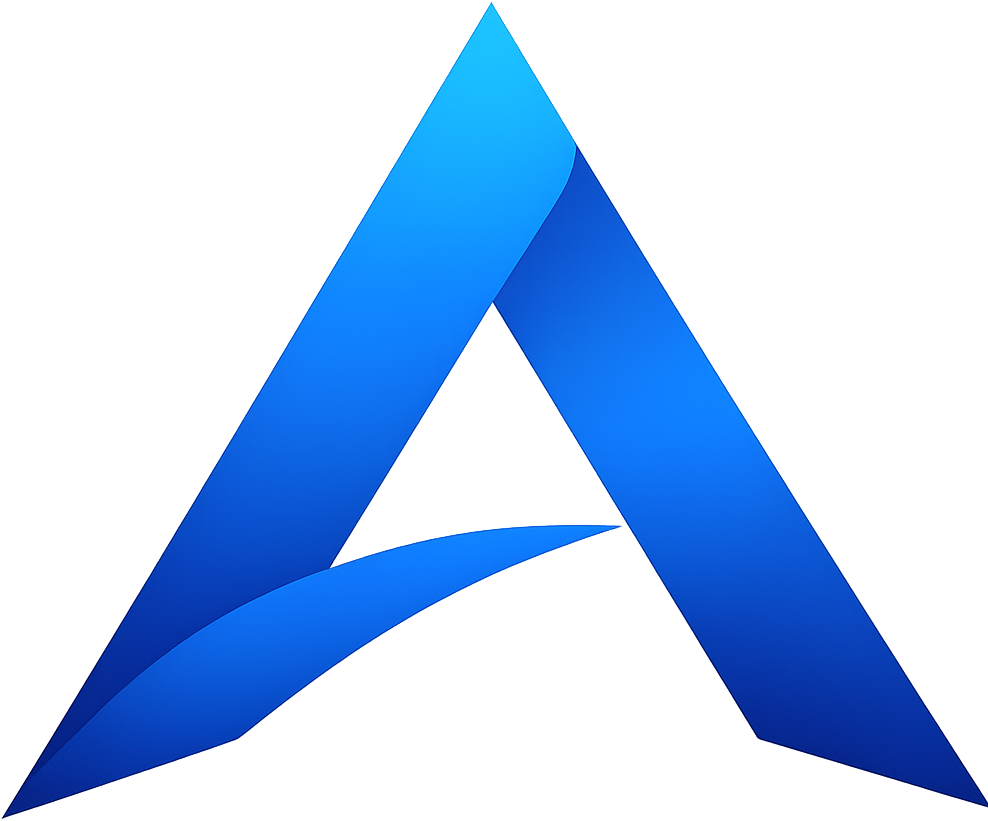 Blue abstract geometric 3D pyramid with layered triangular shapes against a black background.