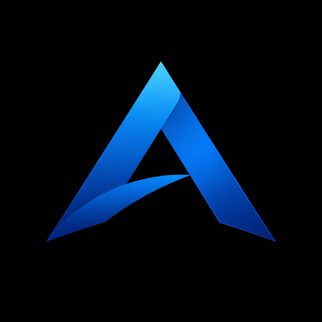 A stylized blue letter 'A' logo on a black background.