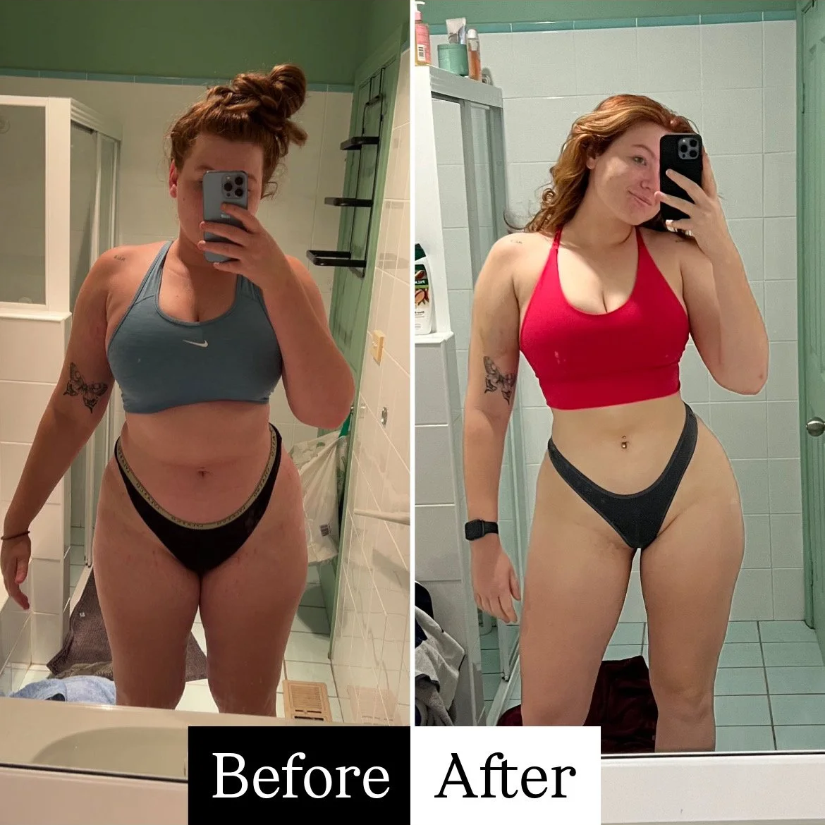 A female client showing her weight loss transformation with a smile