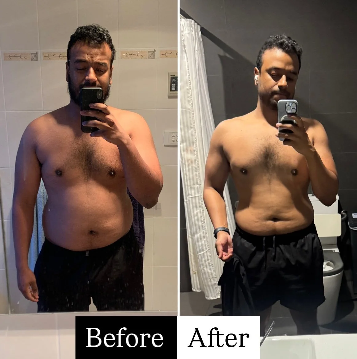 Male client with a mid section weight loss shape change after loosing 16kgs