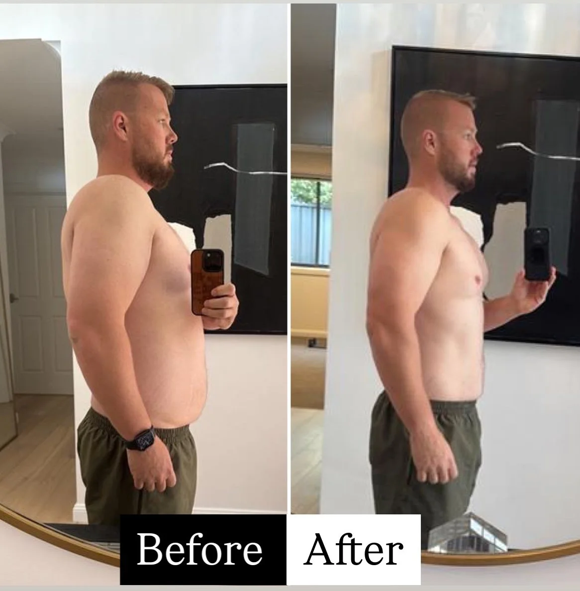 Male client showing g weight loss and increase muscle definition