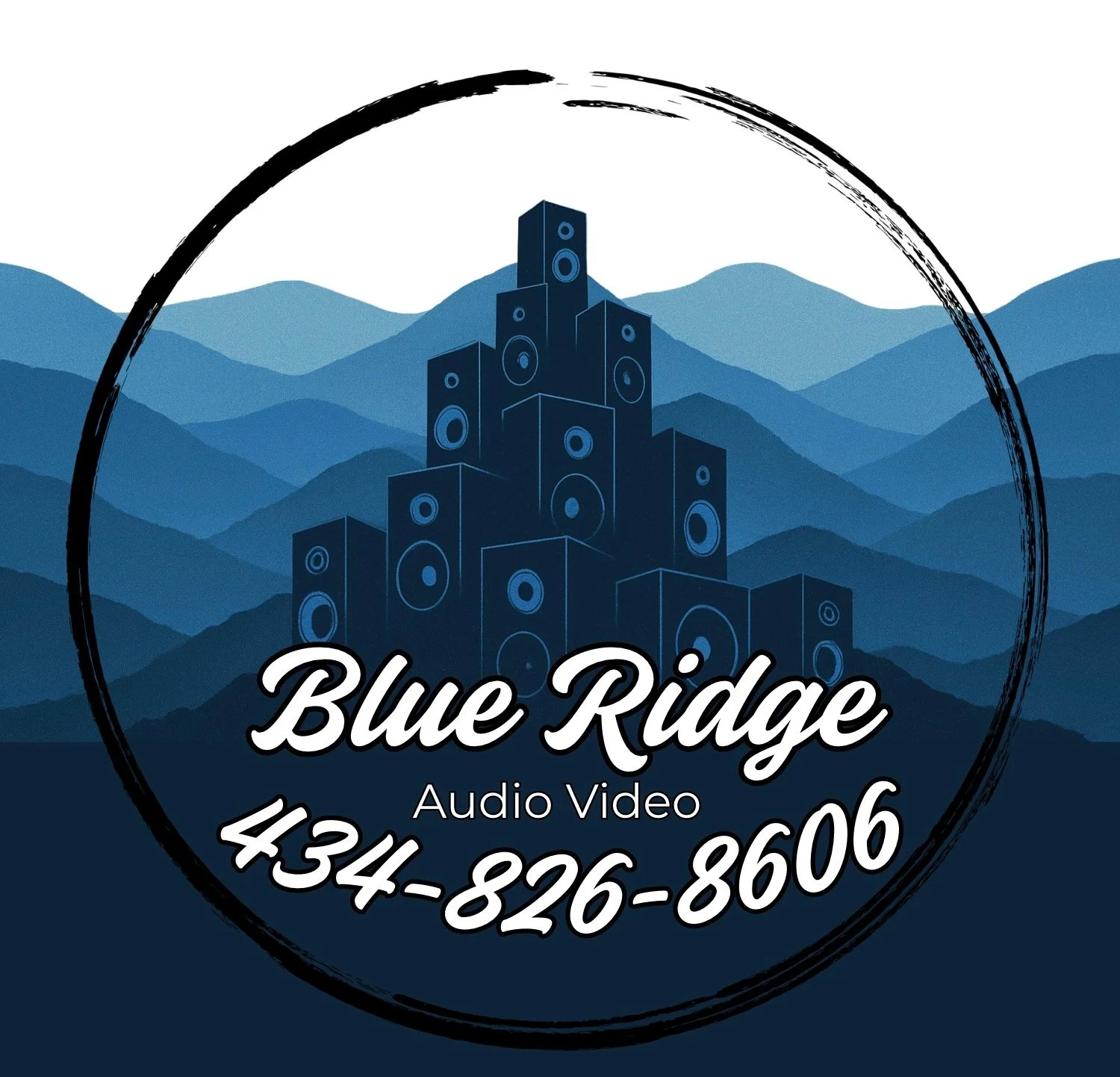 Logo of Blue Ridge Audio Video featuring a mountain range with speaker icons and contact information.