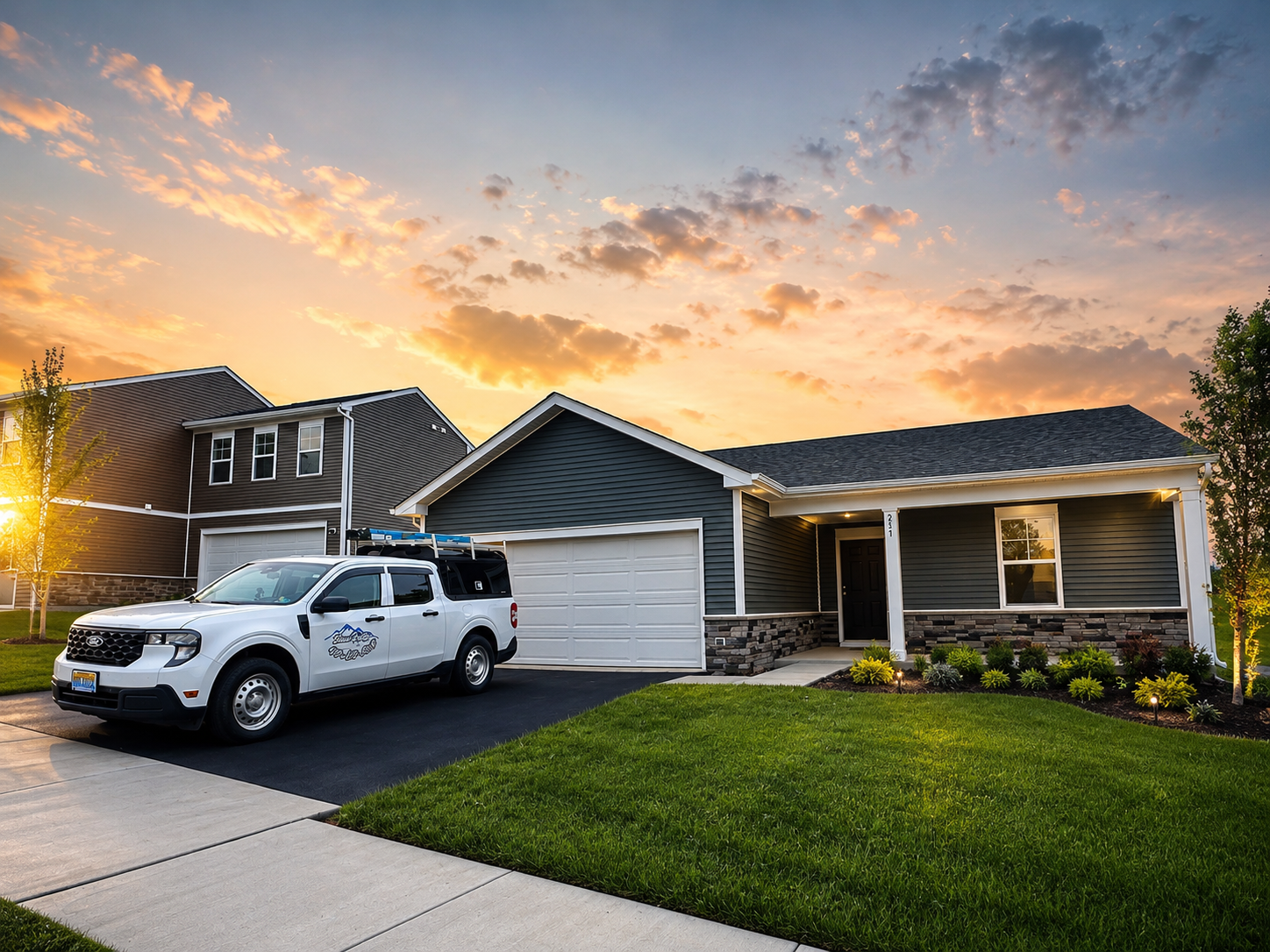 A modern suburban house with dark blue siding, a two-car garage, a well-maintained lawn, and a white utility truck parked in the driveway at sunset.
