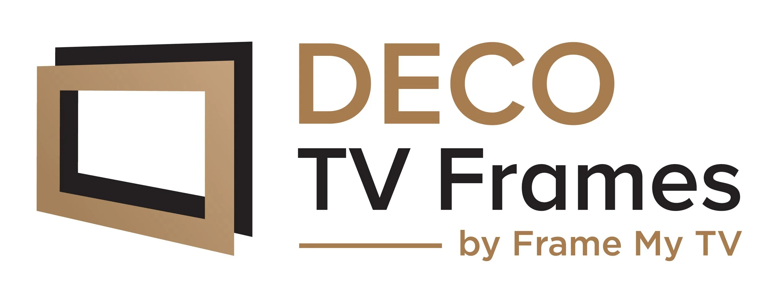 Logo for DECO TV Frames by Frame My TV featuring a stylized TV frame icon and text in brown and black.