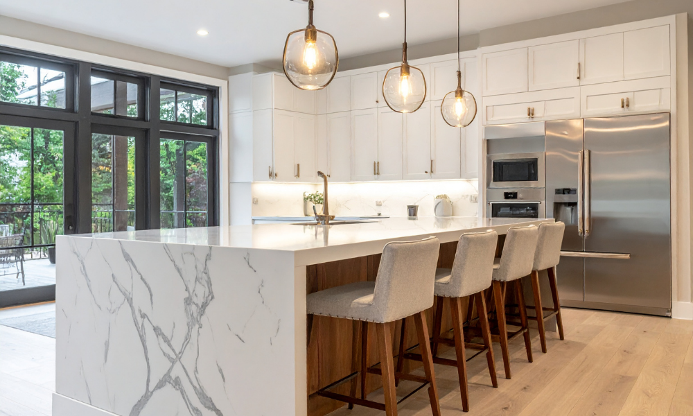 Modern kitchen with white marble island, beige bar stools, stainless steel refrigerator, white cabinets, and three hanging pendant lights with glass covers.