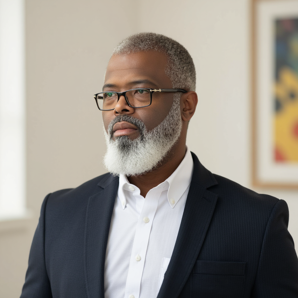 A middle-aged man with glasses, a gray beard, wearing a white shirt and a dark suit, stands in a room with a neutral background