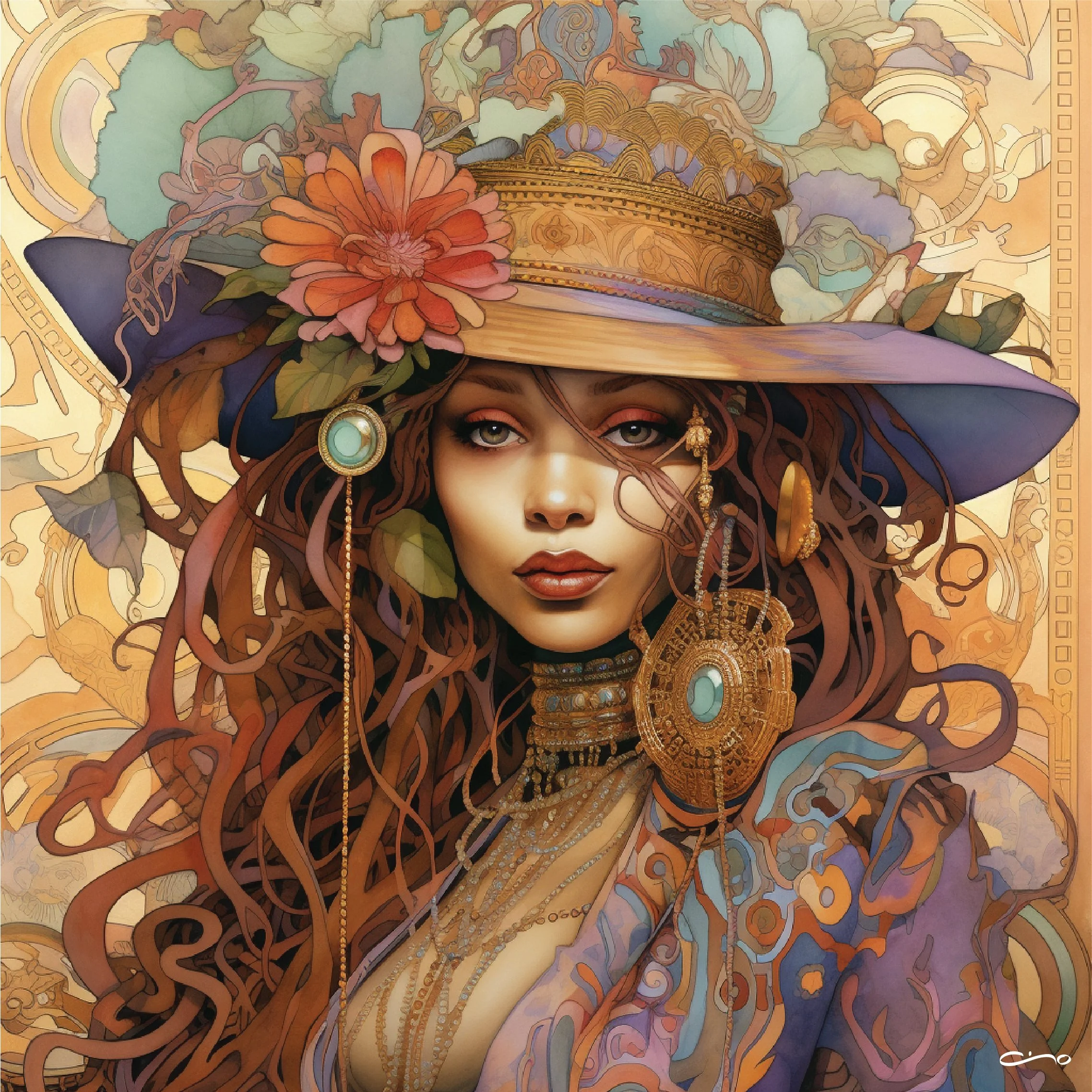 A portrait of a woman wearing a large, decorative wide-brimmed hat adorned with flowers and intricate gold embellishments. She has long, flowing hair, ornate jewelry, and a colorful, stylized outfit. The background features abstract, swirling patterns in warm tones.