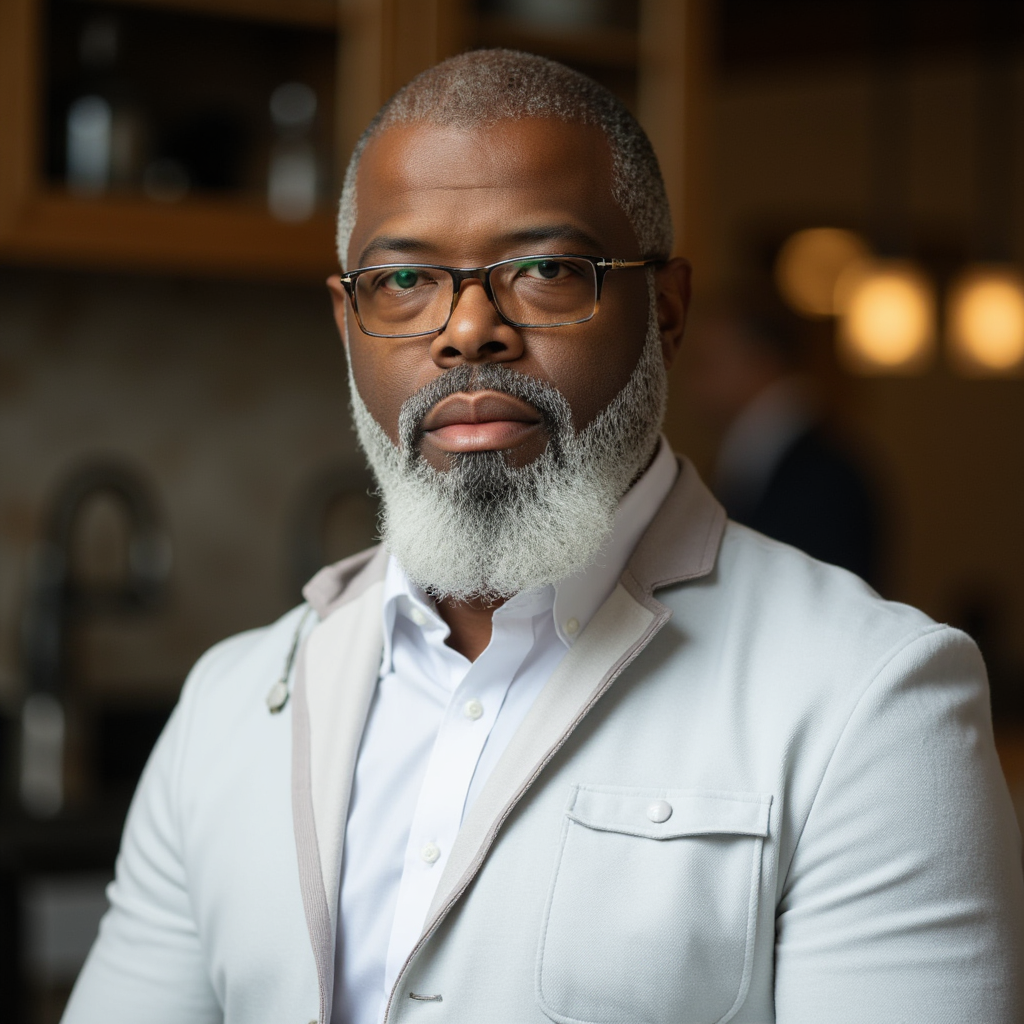 A confident middle-aged African American man with a gray beard and glasses, wearing a white suit jacket and shirt, standing indoors in a warm, well-lit environment.