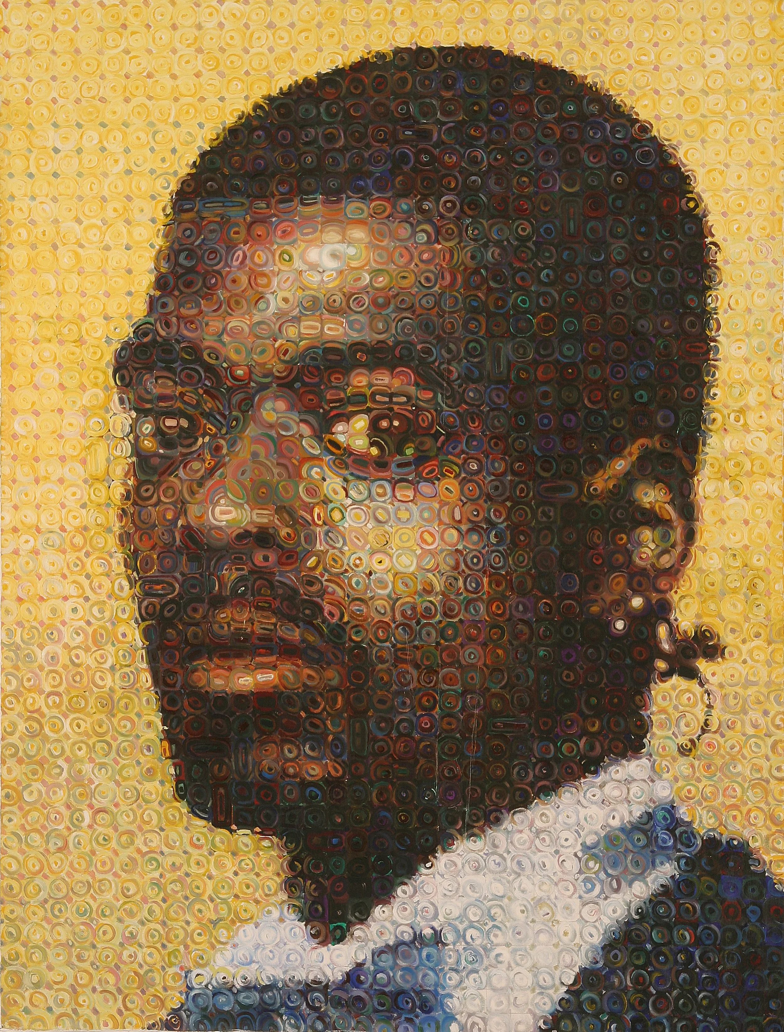 A mosaic portrait of a person with long hair, glasses, and a beard against a yellow background.