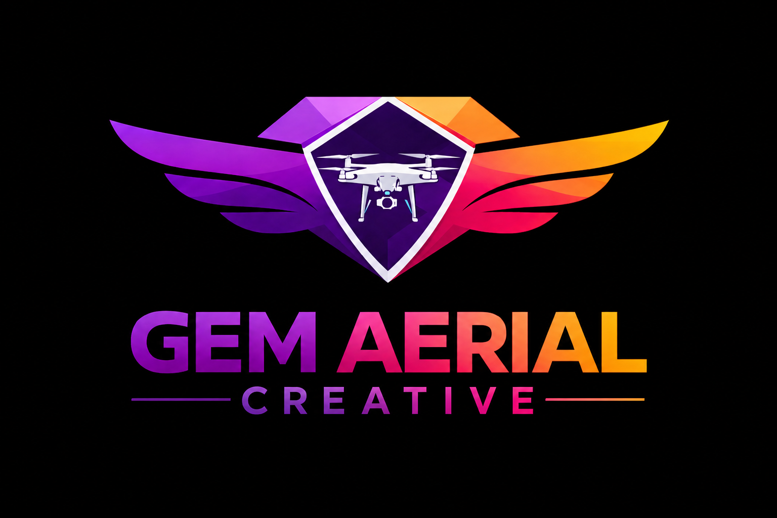 A logo for Gem Aerial Creative featuring a drone within a shield shape, with colorful wings extending from the shield, and text in gradient purple, pink, and orange colors below that says "GEM AERIAL CREATIVE."