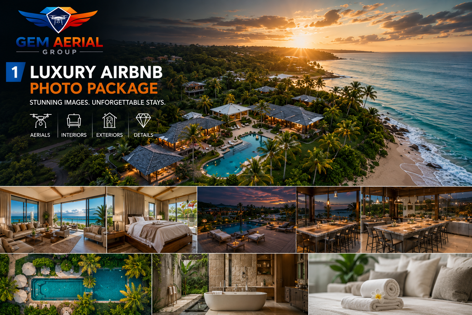 A luxury beach resort with ocean view accommodation, swimming pools, an outdoor deck, modern interior rooms, and a bathroom with a bathtub, set in a tropical landscape at sunset.