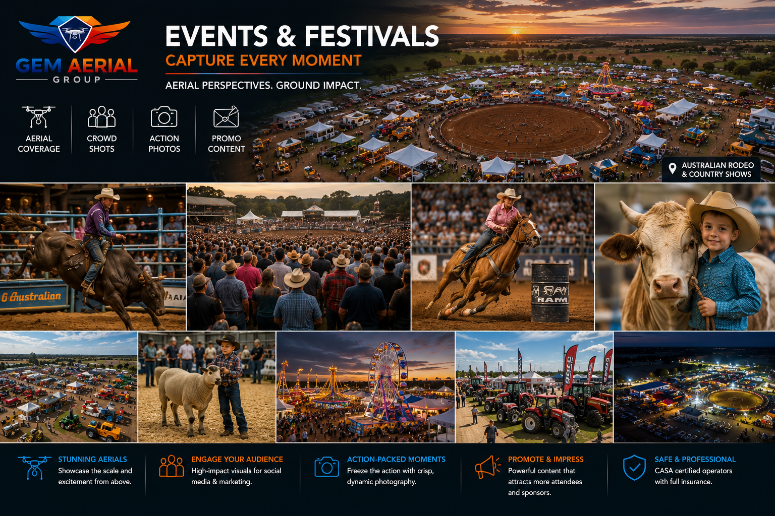 A promotional poster for GEM Aerial Group showcasing aerial and ground shots of events and festivals, including rodeos, country shows, a carnival, and agricultural displays. The poster emphasizes capturing high-impact visuals for social media, marketing, and professional coverage.