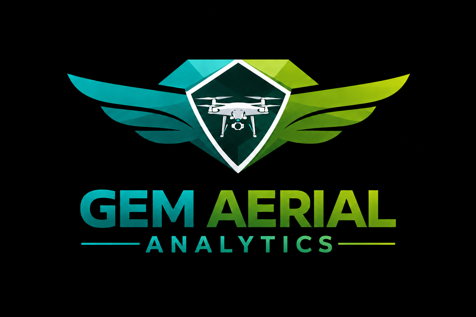 Logo for GEM Aerial Analytics featuring a stylized drone with wing-like shapes and the company name in blue and green text on a black background.