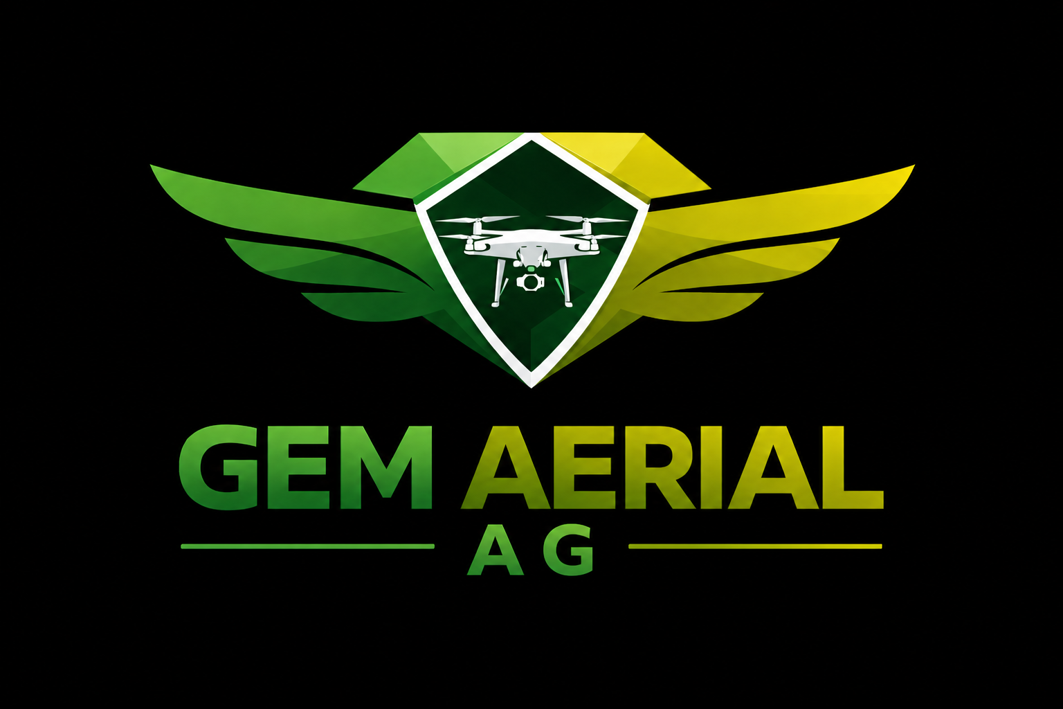 Logo for GEM Aerial AG with a drone in a shield and stylized green wings.