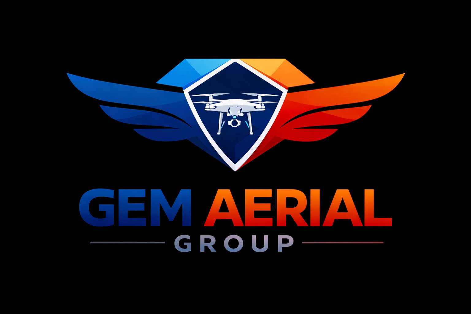 A logo featuring a drone with a diamond-shaped background in red, white, and blue, with stylized wings on each side. Below, the text reads 'GEM AERIAL GROUP' with 'GEM' in blue, 'AERIAL' in red, and 'GROUP' in gray.