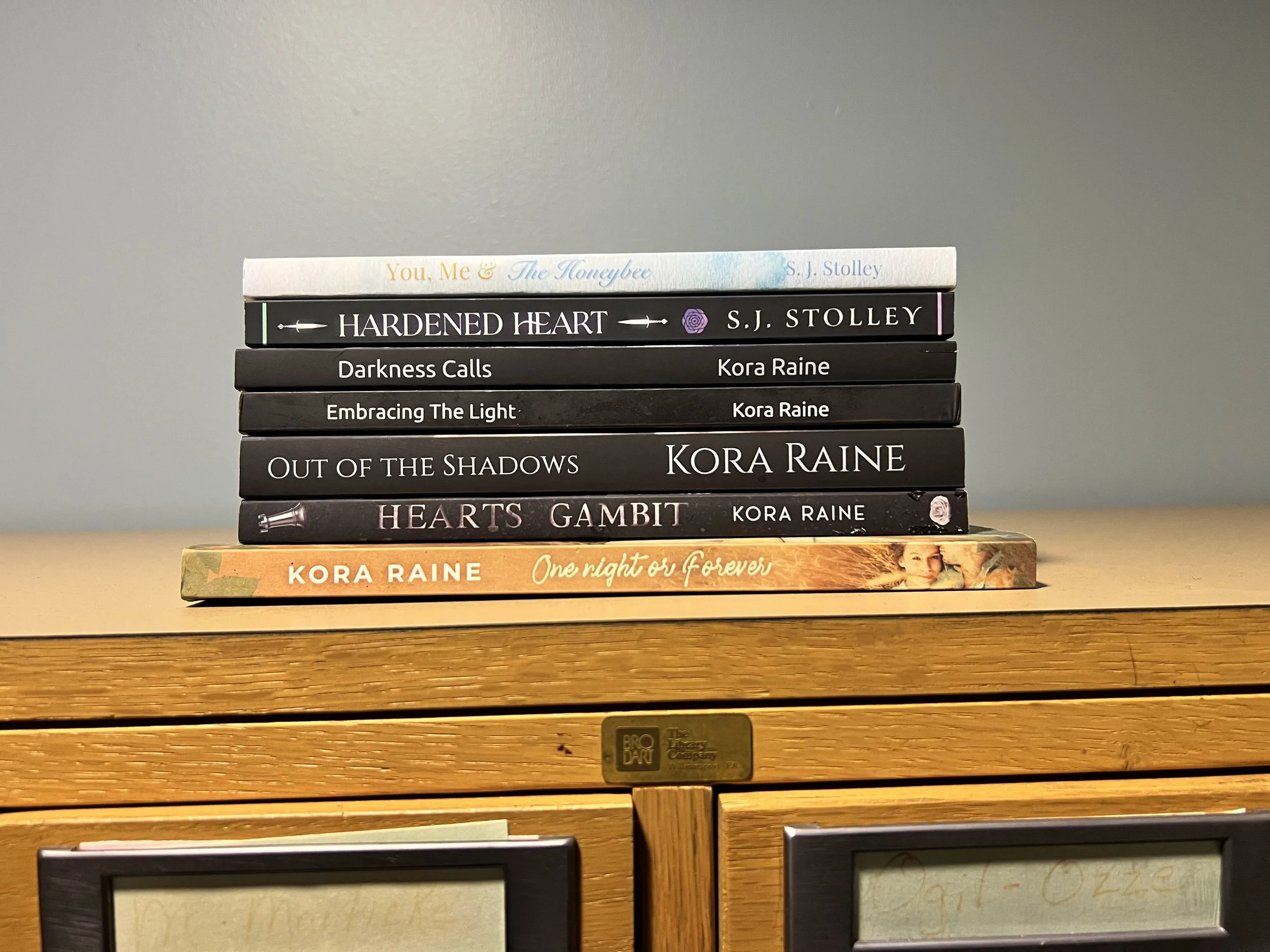 Stack of seven books on a wooden surface, with titles including 'You, Me & The Honeybee' by S. J. Stolley, 'Hardened Heart' by S. J. Stolley, 'Darkness Calls' by Kora Raine, 'Embracing The Light' by Kora Raine, 'Out of the Shadows' by Kora Raine, 'Hearts Gambit' by Kora Raine, and 'One Night or Forever' by Kora Raine.
