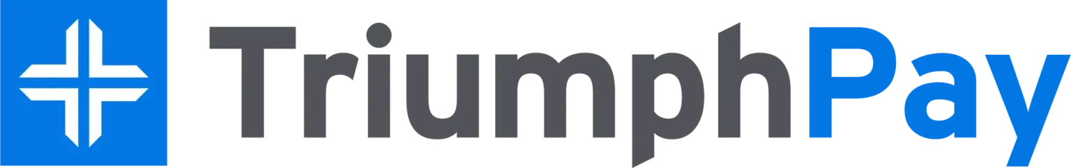 The image features the TriumphPay logo, which includes a blue square with a white cross and the words "TriumphPay" next to it, with "Triumph" in gray and "Pay" in blue.
