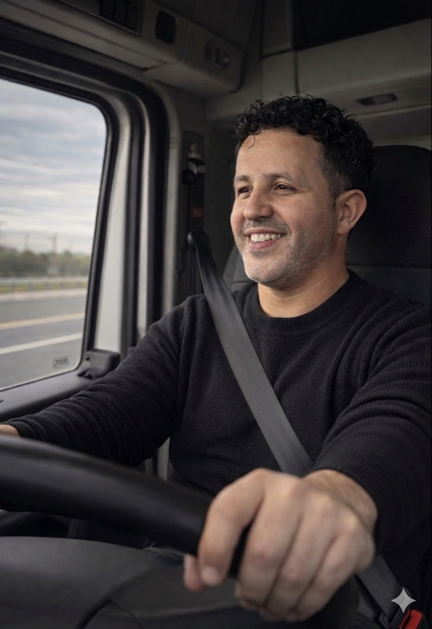 A man smiling while driving a commercial truck, wearing a black shirt and a seatbelt, with a view of the highway through the window.