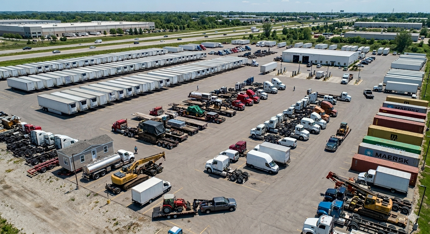 Aerial view of a large truck and trailer parking lot with various trucks, shipping containers, and construction equipment.