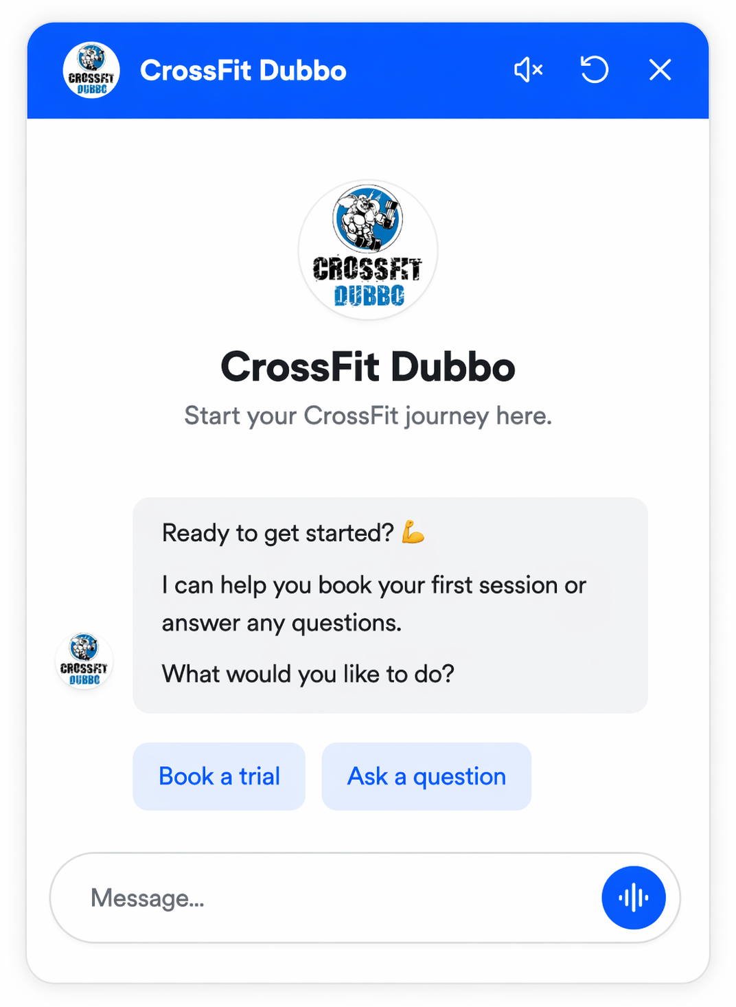 Screenshot of a chatbot interface for CrossFit Dubbo, featuring the CrossFit logo, text invites to book a trial or ask questions, and a message input box.