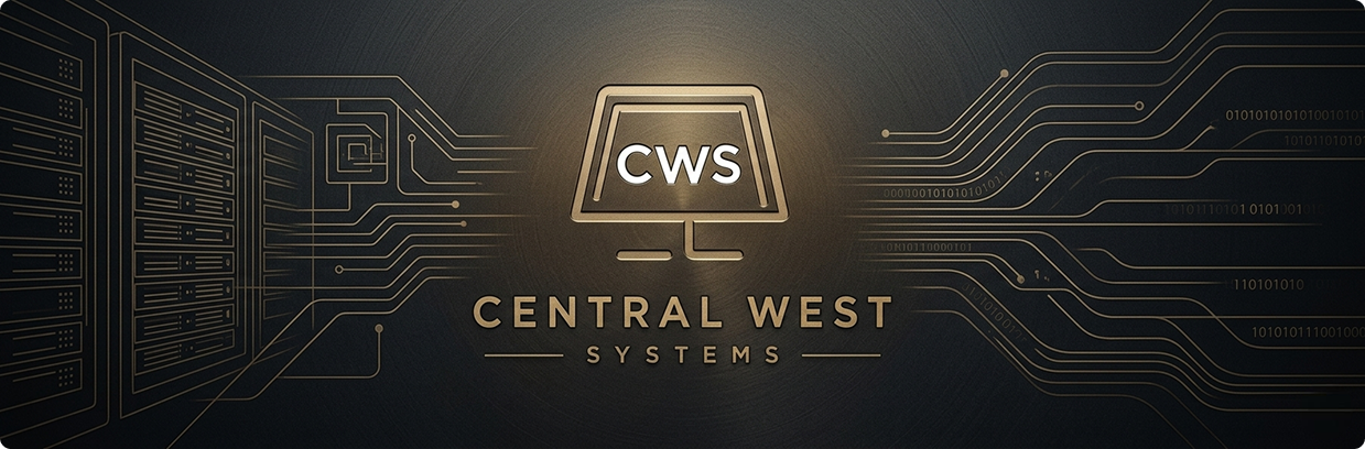 Logo for Central West Systems with a stylized computer monitor and circuit lines.