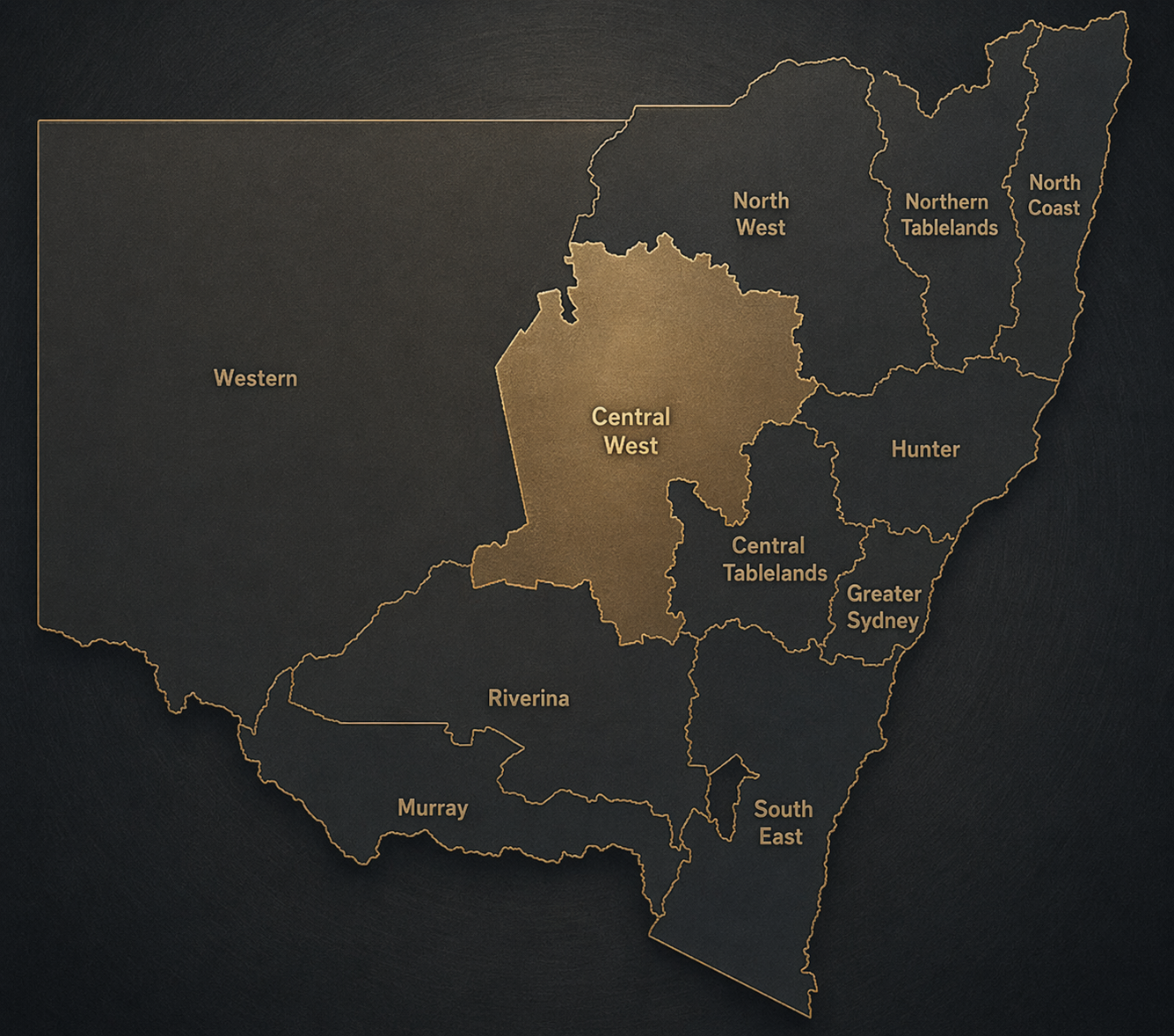 Map of New South Wales divided into regions labeled Western, North West, Northern Tablelands, North Coast, Hunter, Greater Sydney, South East, Riverina, Murray, Central Tablelands, Central West, and Western.