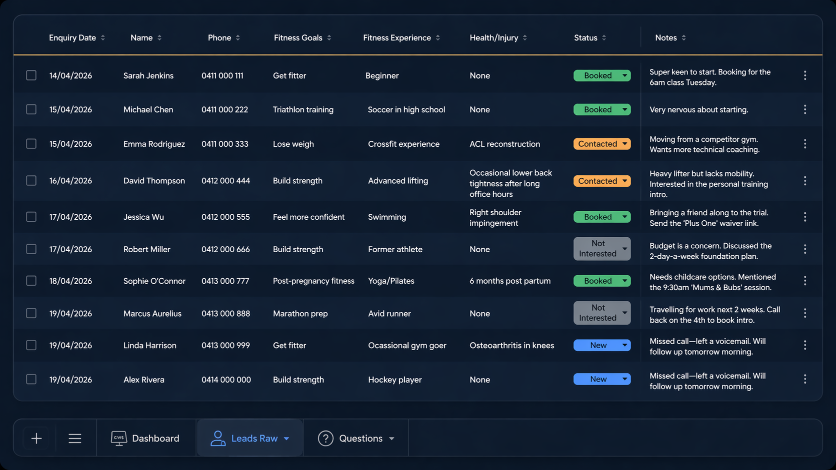 A screenshot of a fitness progress tracking dashboard displaying various client appointments with details such as date, name, phone, fitness goals, experience, health/injury, status, and notes. The statuses include booked, contacted, not interested, and new, highlighted in different colors.