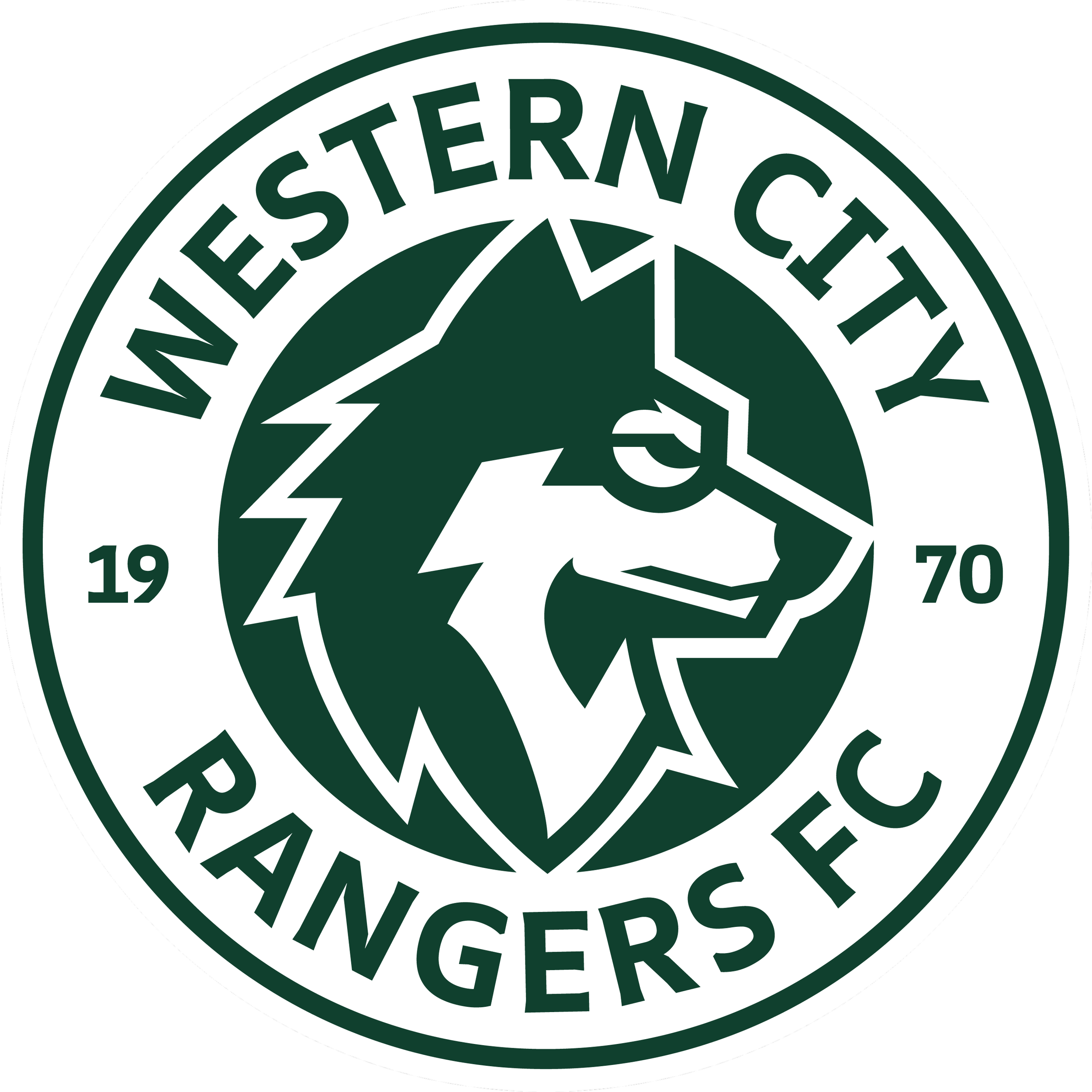 Logo of the Western City Rangers FC, featuring a stylized lion's head in profile, with a green and white color scheme, surrounded by the text 'Western City Rangers FC' and the year '1970'.
