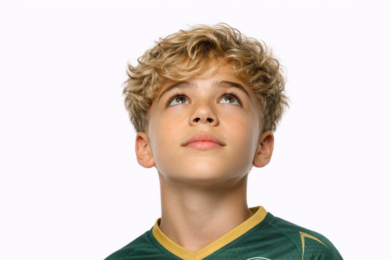 Young boy with curly blond hair looking upward, wearing a green sports jersey with yellow trim.