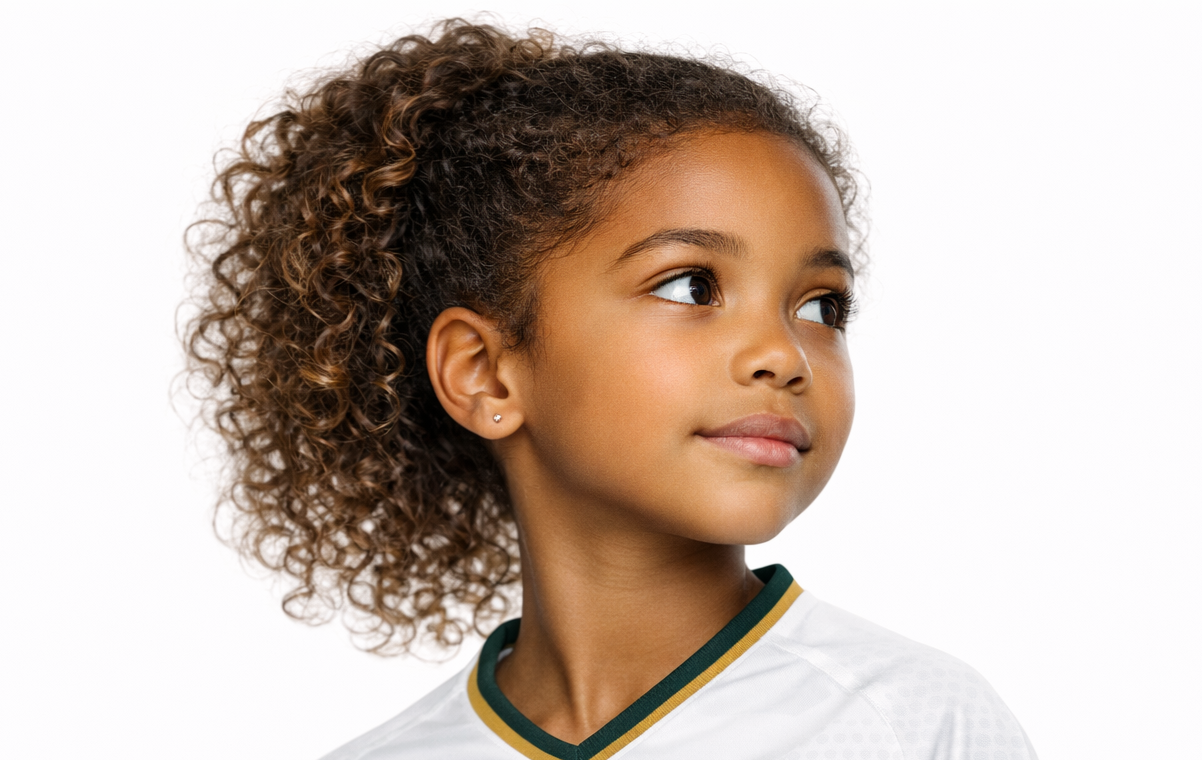 A young girl with curly brown hair and small earrings looking to the side against a white background.