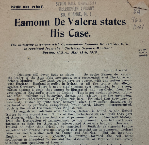 "Eamonn De Valera states His Case."