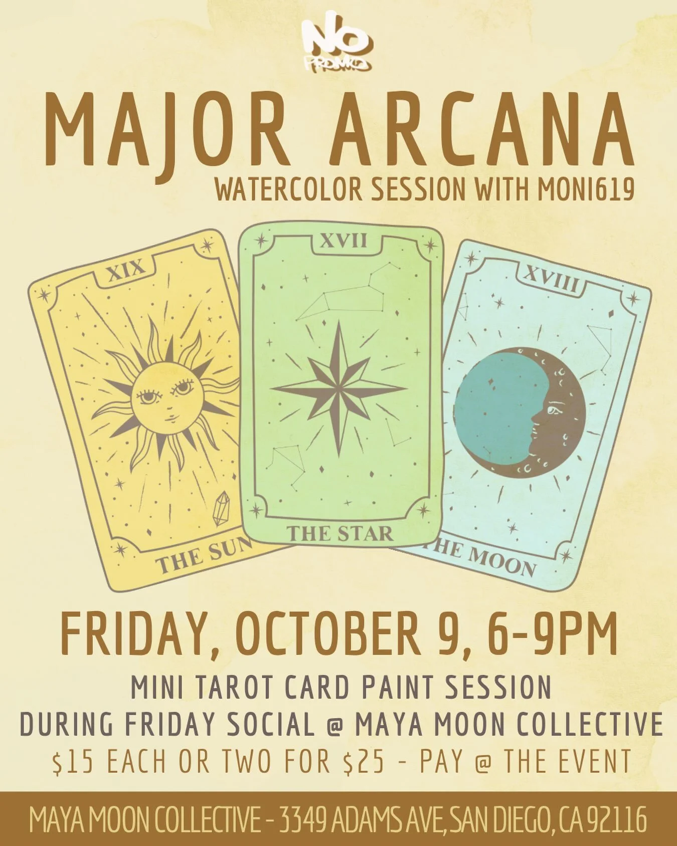 THIS FRIDAY 10/09 I&rsquo;ll be doing a little watercolor pop up at @mayamooncollective during their Friday Social event from 6-9pm. Paint your own tarot card - $15 for one or two for $25 if you come with a friend. No registration needed, pay at the 