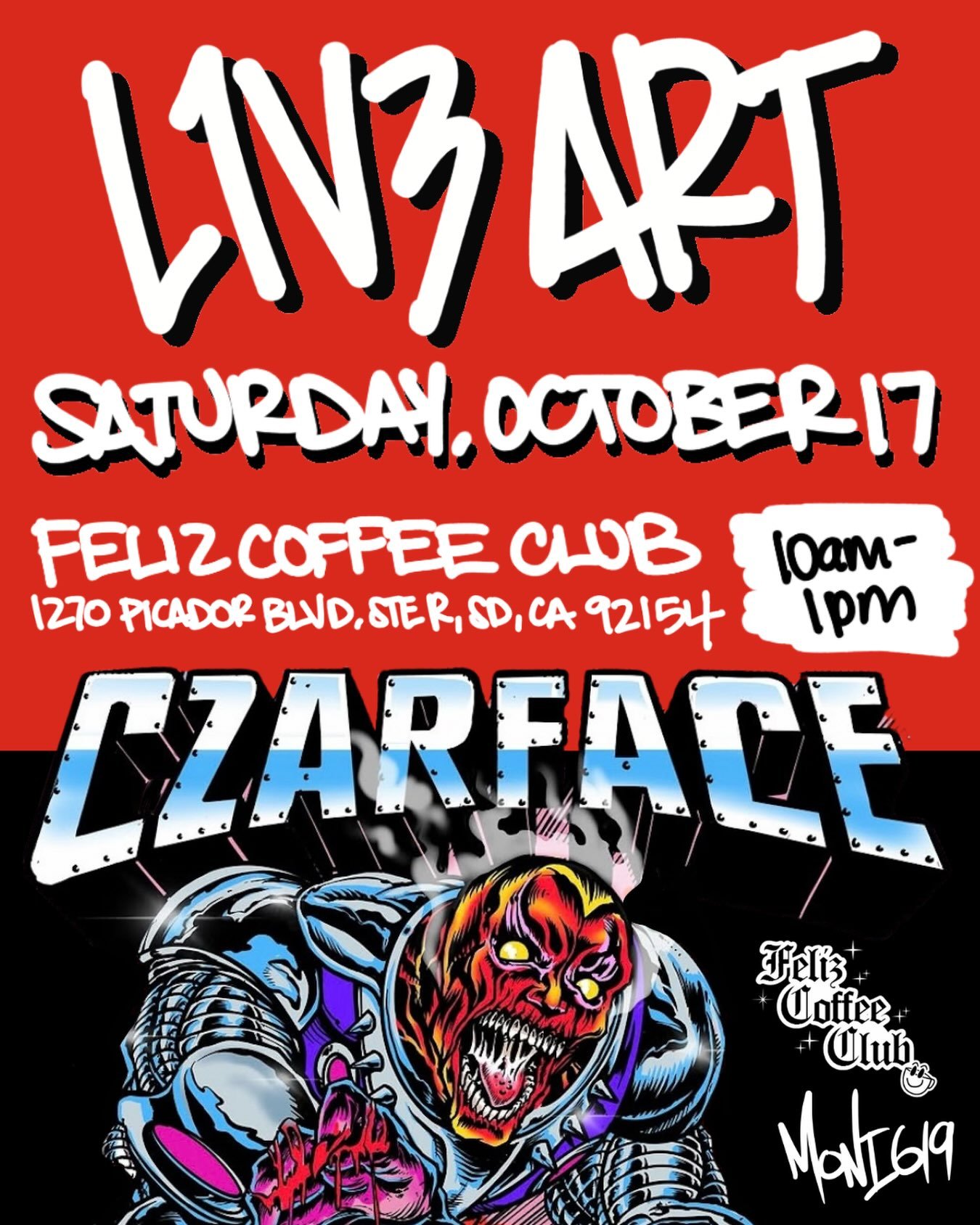 SATURDAY 10/17 - Alright yall this is one is special. It&rsquo;s @felizcoffeeclub 5th anniversary, a few blocks away from my old hood Del Sol. Feliz is also exclusively selling all my merch because I&rsquo;m determined for my merch to stay in the Sou