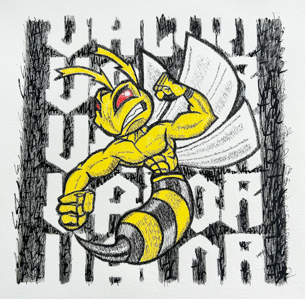 valor muay thai, 2024, pen and acrylic on paper