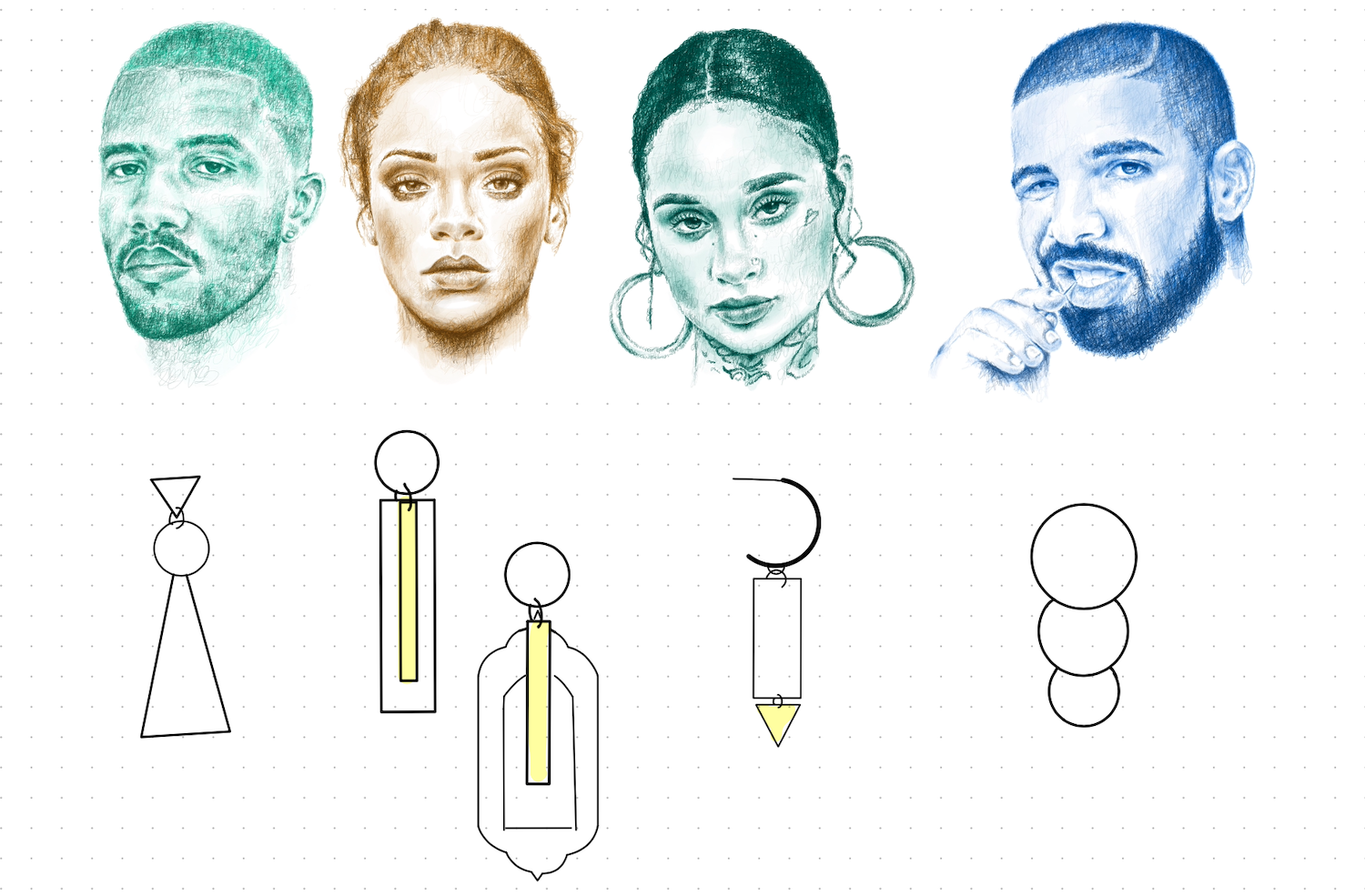 Initial digital sketches of earring designs
