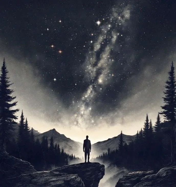 A person standing on a rock overlooking a mountain valley at night, with a star-filled sky and the Milky Way galaxy visible above.