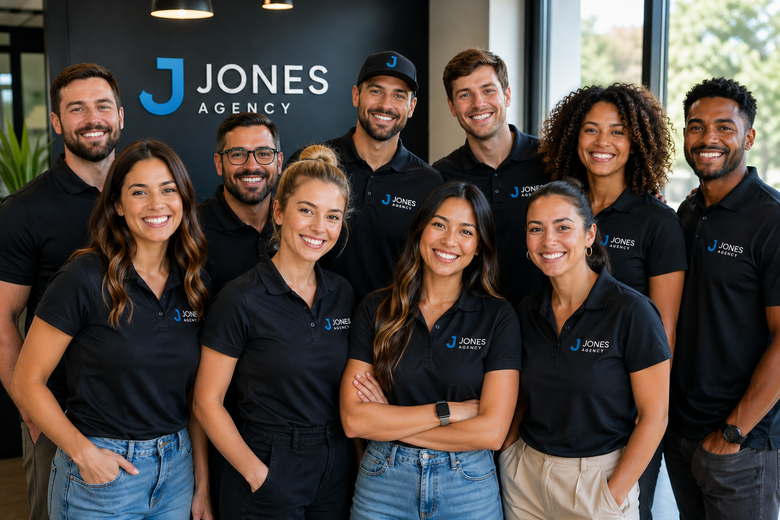 Group photo of eleven smiling team members wearing black polo shirts with the logo of JONES Agency, standing indoors near a window.