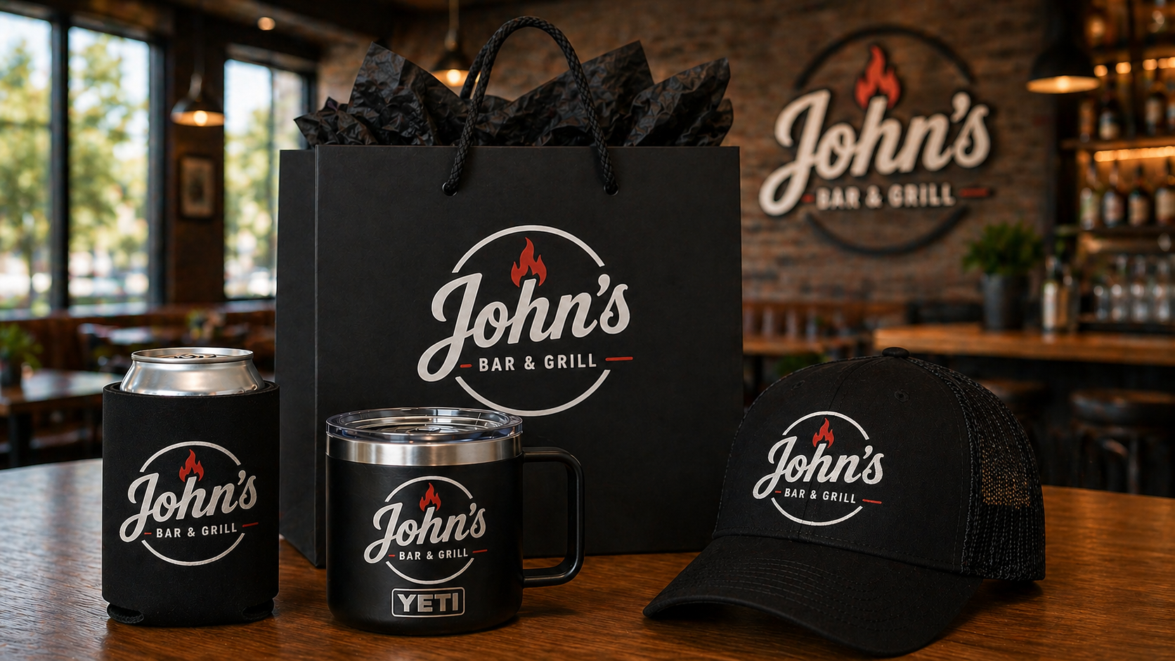 A black John’s Bar & Grill branded gift bag, drink koozie, ceramic mug, and cap on a wooden table inside a restaurant with a brick wall and John’s Bar & Grill sign in the background.
